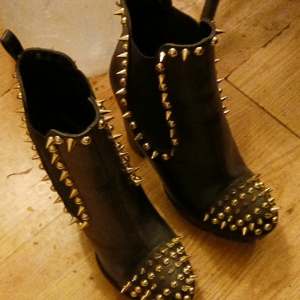 Cape Robbin Black Ankle Boots with Gold Spikes